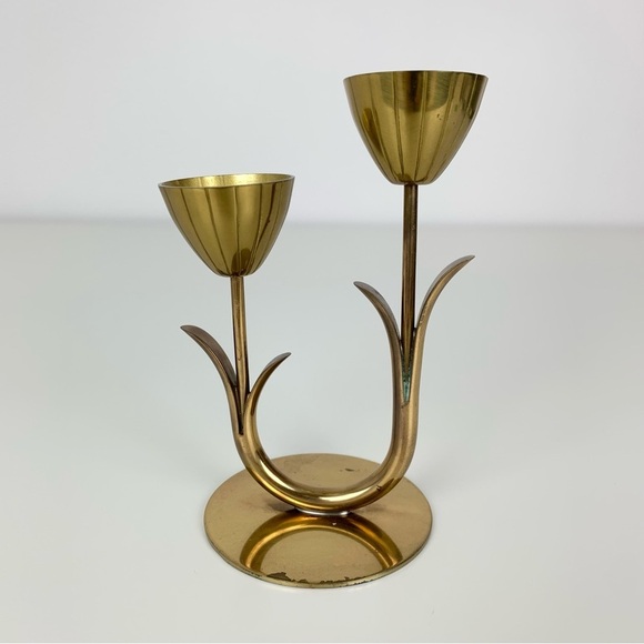Ystad Metall Brass Candle Holder Flower Tulip 2 Arms Sweden MCM Vtg Scandinavian - Picture 3 of 10